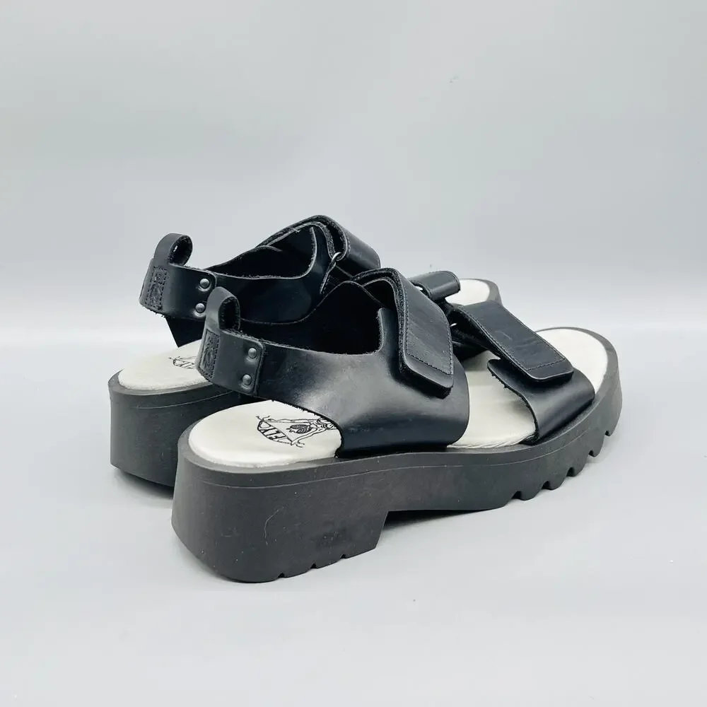 FLY London Sandals Women 11 Black Leather Strappy Hook & Loop Wedge Shoes Casual